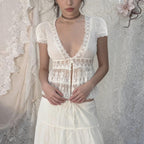 Damen Spitzenbluse mit Rüschendetails und tiefem V-Ausschnitt R&B