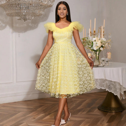 Damen Festliches Midikleid mit floralen Spitzenapplikationen und voluminösen Tüllärmeln R&B