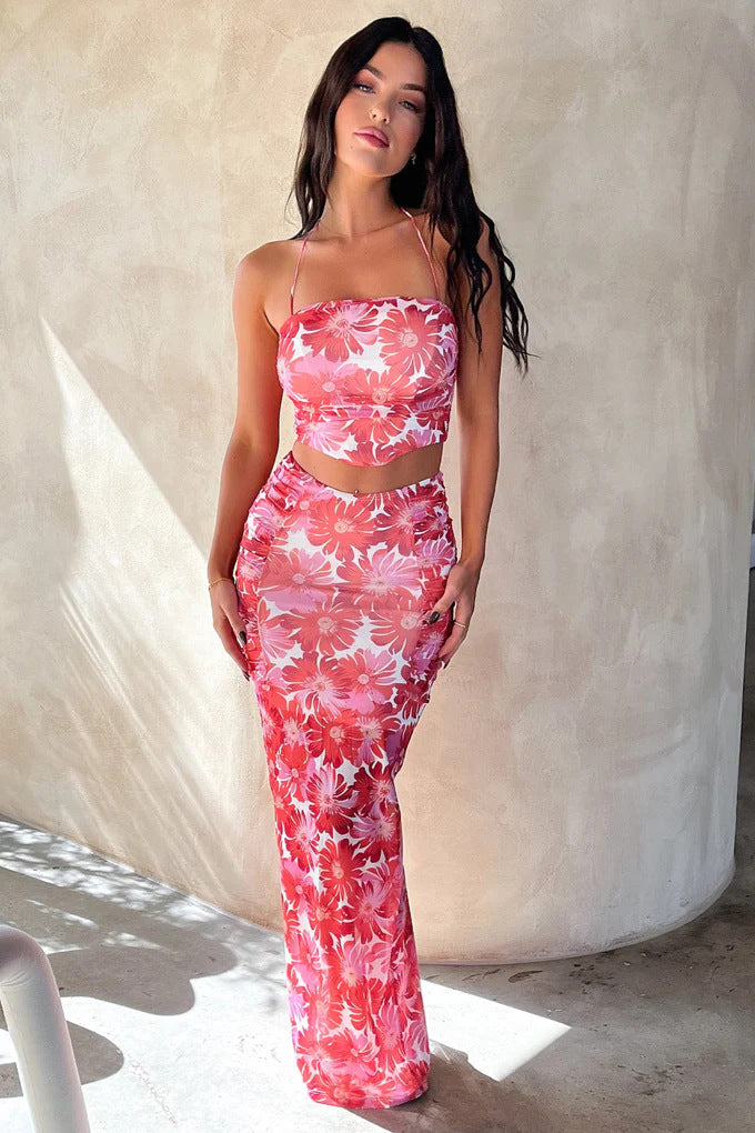 Damen Elegantes Crop-Top und Maxirock-Set mit floralem Design R&B