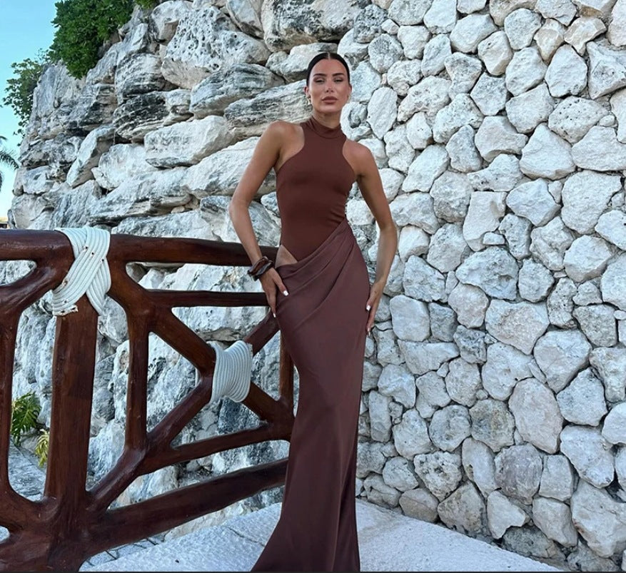Damen Elegantes bodenlanges Kleid mit hochgeschlossenem Kragen und asymmetrischer Drapierung R&B