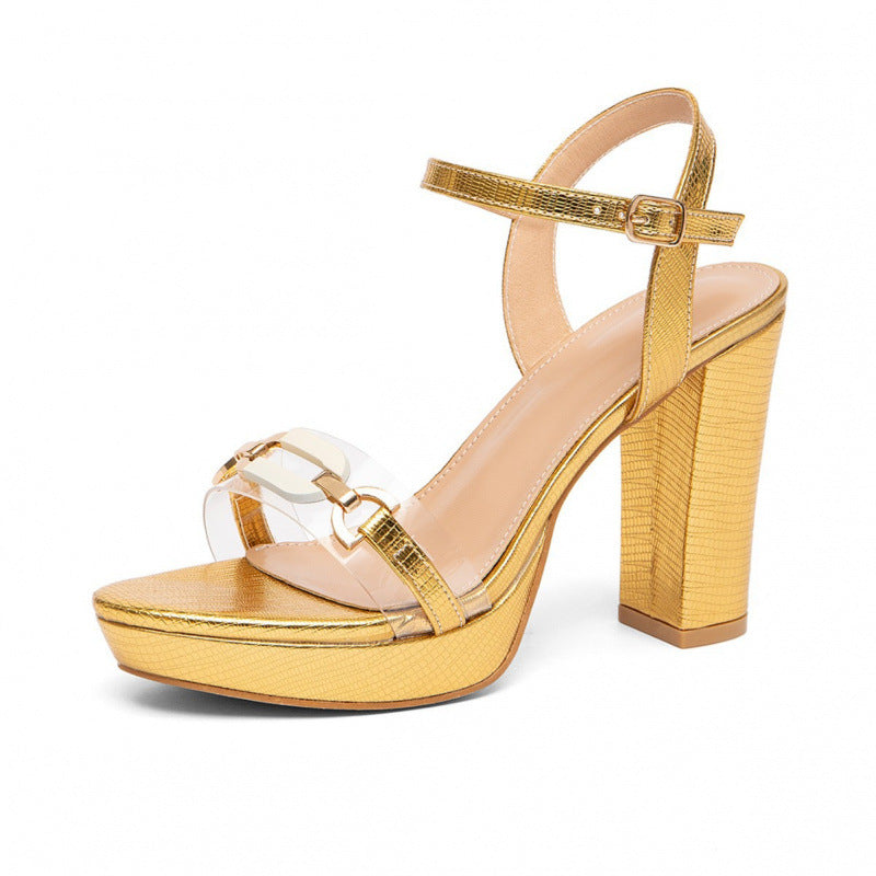 Damen Modische Riemchen-Sandalen mit transparenten Einsätzen und breitem Blockabsatz R&B