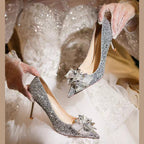Damen Glamouröse hochhackige Glitzer-Pumps mit eleganter Schleifenverzierung R&B
