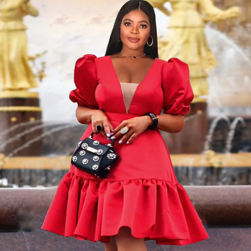 Damen elegantes Fit-and-Flare Kleid mit Puffärmeln R&B