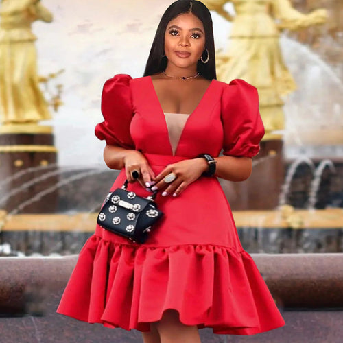 Damen elegantes Wickelkleid mit voluminösen Puffärmeln und Rüschensaum R&B