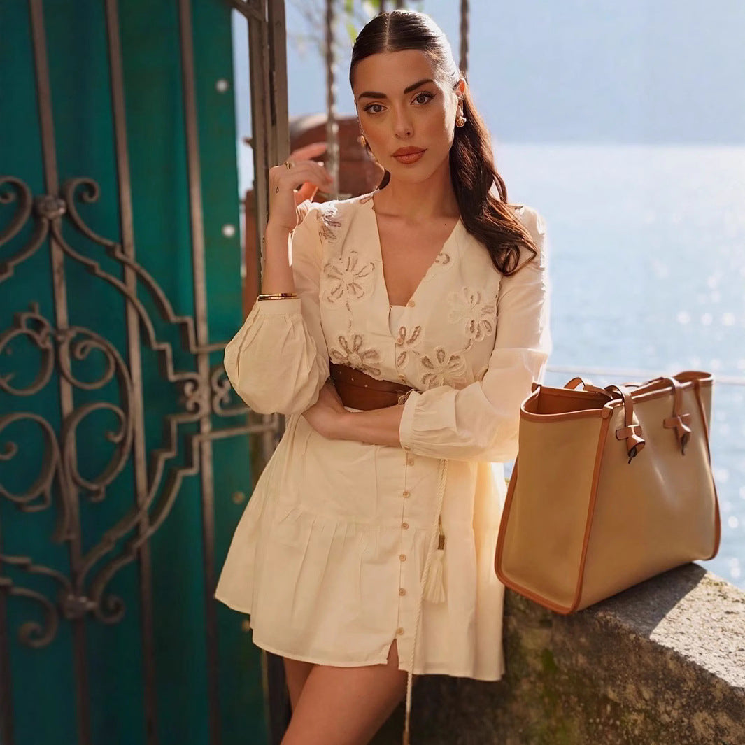 Damen verspieltes Maxikleid mit floralem Stickmuster und Taillenkordelzug R&B