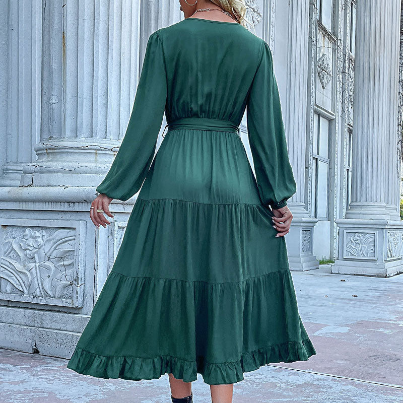 Damen Maxikleid mit Knopfleiste, Taillengürtel und Rüschensaum R&B