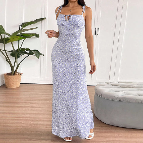 Damen luftiges Maxikleid mit verstellbaren Spaghettiträgern und süßem Blumendruck R&B