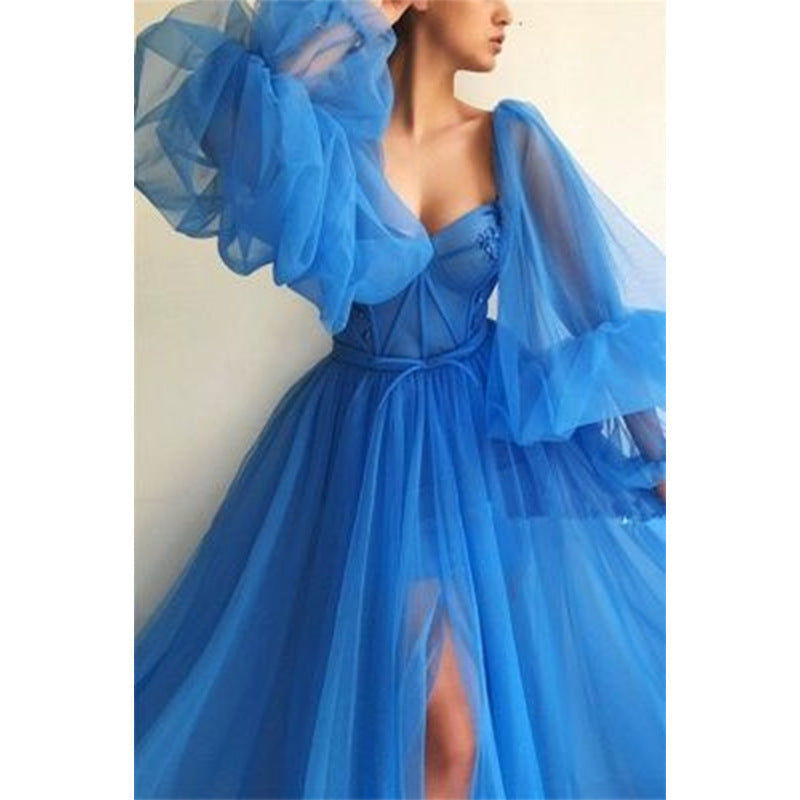 Damen Tüll Abendkleid mit voluminösen Ärmeln und seitlichem Schlitz R&B