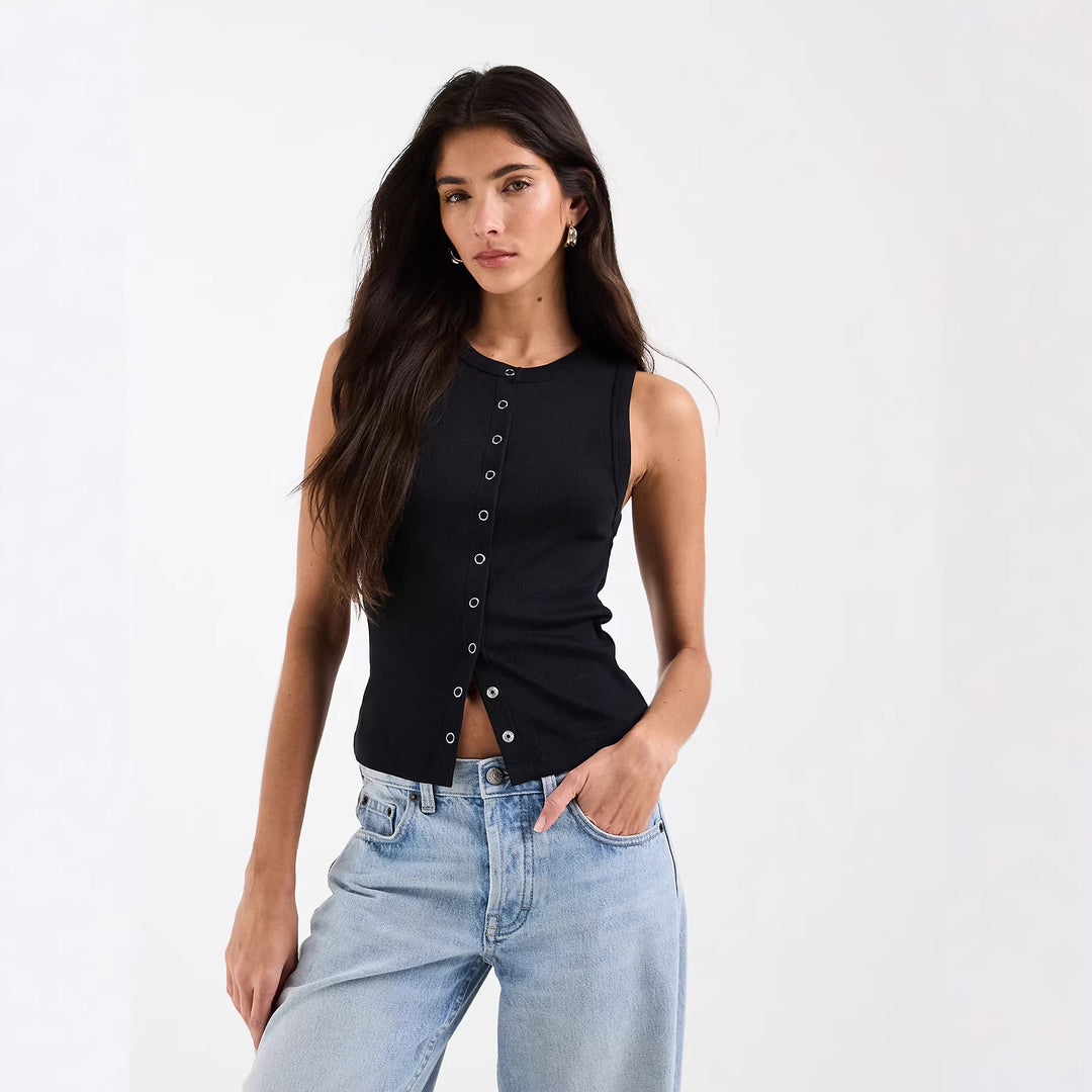 Damen Ärmelloses Rippenshirt mit durchgehender Knopfleiste R&B