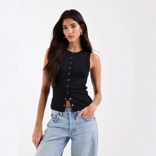 Damen Ärmelloses Rippenshirt mit durchgehender Knopfleiste R&B