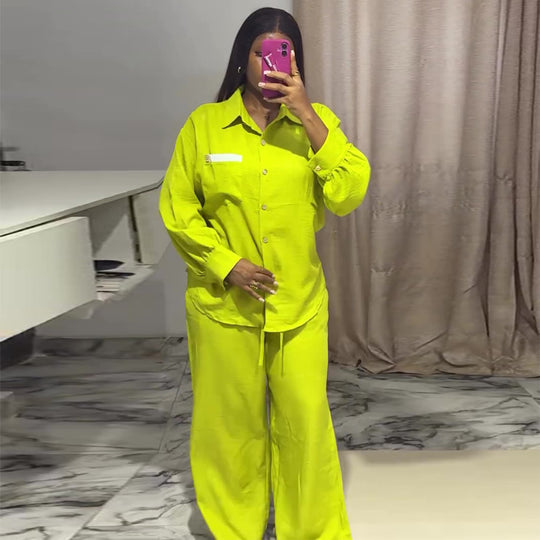 Damen lässiges Zweiteiler Set mit langärmeliger Bluse und weiten Hosen R&B