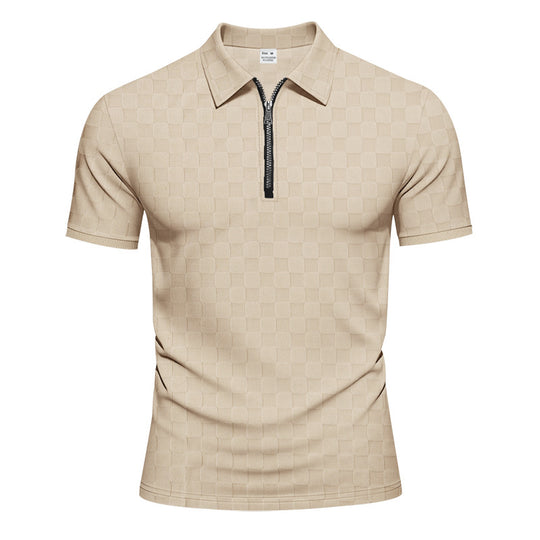 Herren Poloshirt mit halbem Reißverschluss und modernem Karomuster R&B