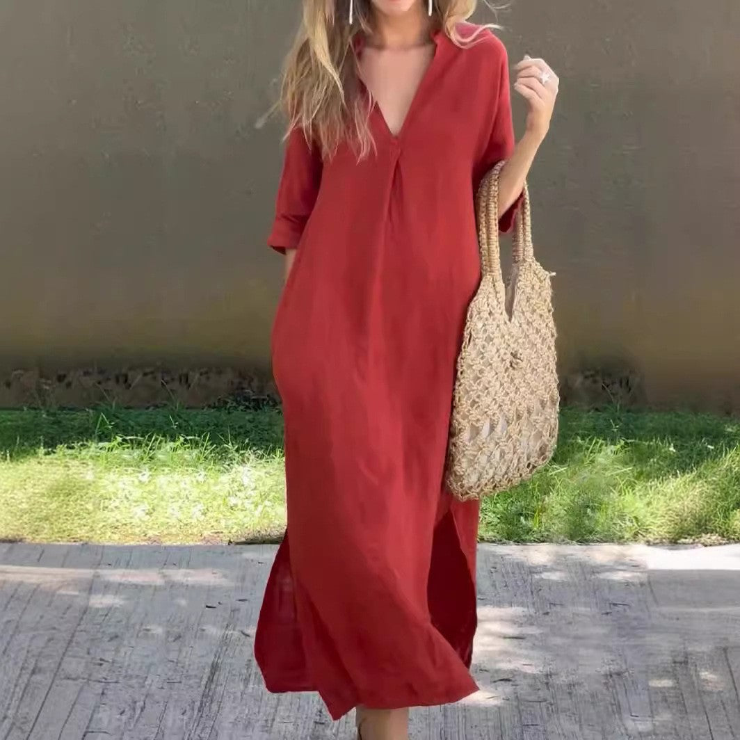 Damen lässiges Maxi-Kleid mit V-Ausschnitt R&B