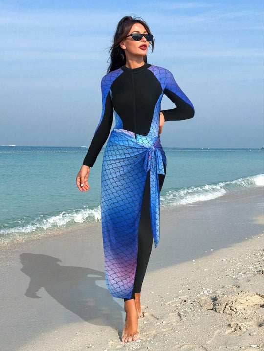 Damen Einteiler-Badeanzug mit modischem Wickelrock und hohem UV-Schutz R&B