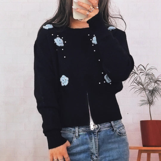 Damen Strickpullover mit floralen Applikationen und glänzenden Perlen R&B