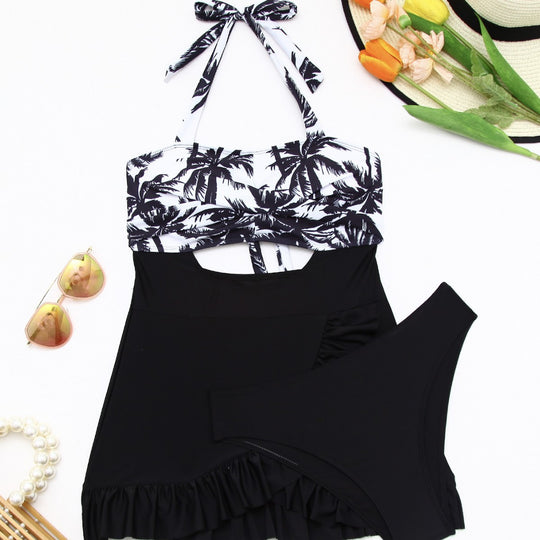 Damen Tankini-Set mit elegantem Wellenmuster und fröhlichem Rüschensaum R&B