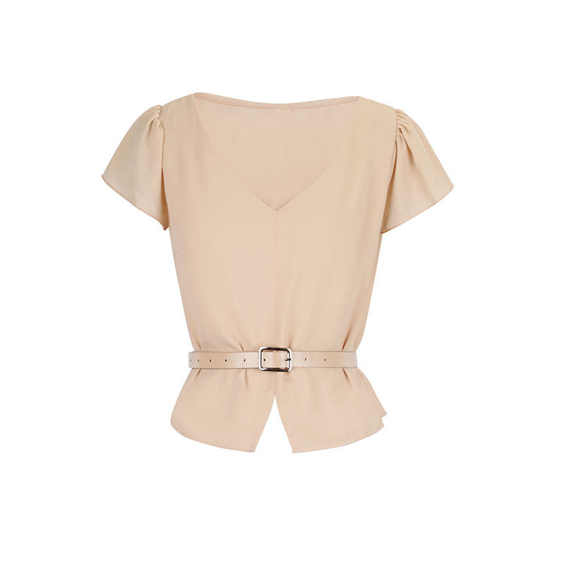 Damen Blusenshirt mit Taillengürtel und elegantem V-Ausschnitt EB
