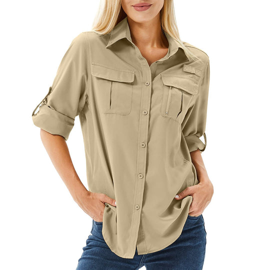 Damen lässige Bluse mit praktischen Taschen und umschlagbaren Ärmeln R&B