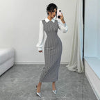 Damen elegantes Midirkleid mit glänzenden Puffärmeln