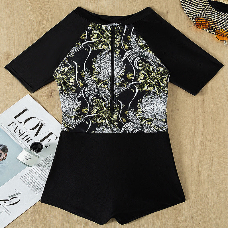 Damen sportlicher Schwimmanzug mit kurzem Arm und moderner floralem Design R&B