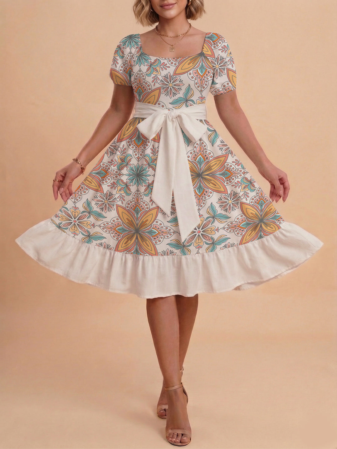 Damen modernes Blumenkleid mit elegantem Taillengürtel und asymmetrischem Saum R&B
