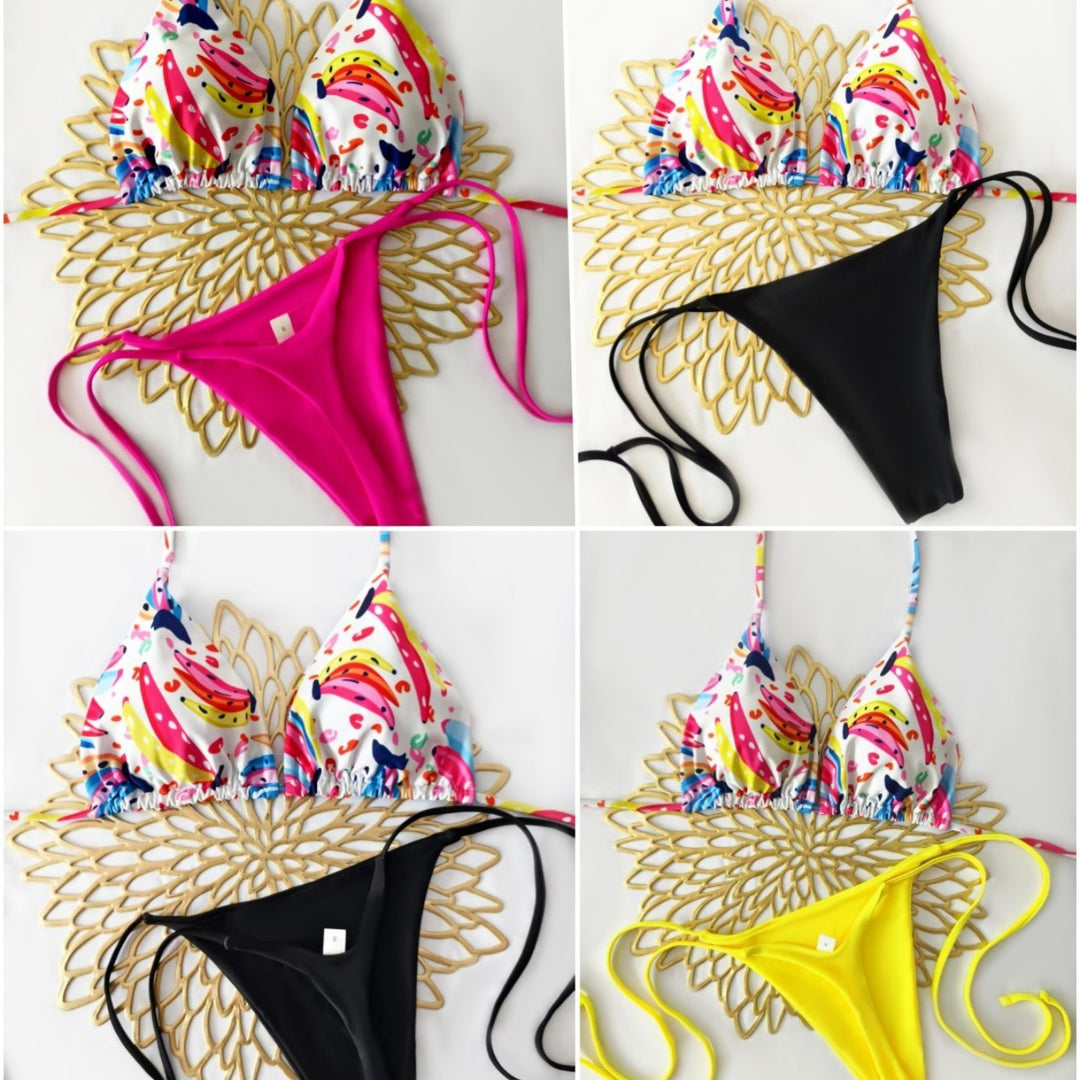 Damen Bikini-Set mit buntem Obstmuster und seitlichem Knoten R&B