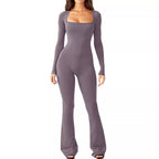 Damen Eleganter Langarm-Jumpsuit mit weitem Bein und tiefem Ausschnitt R&B
