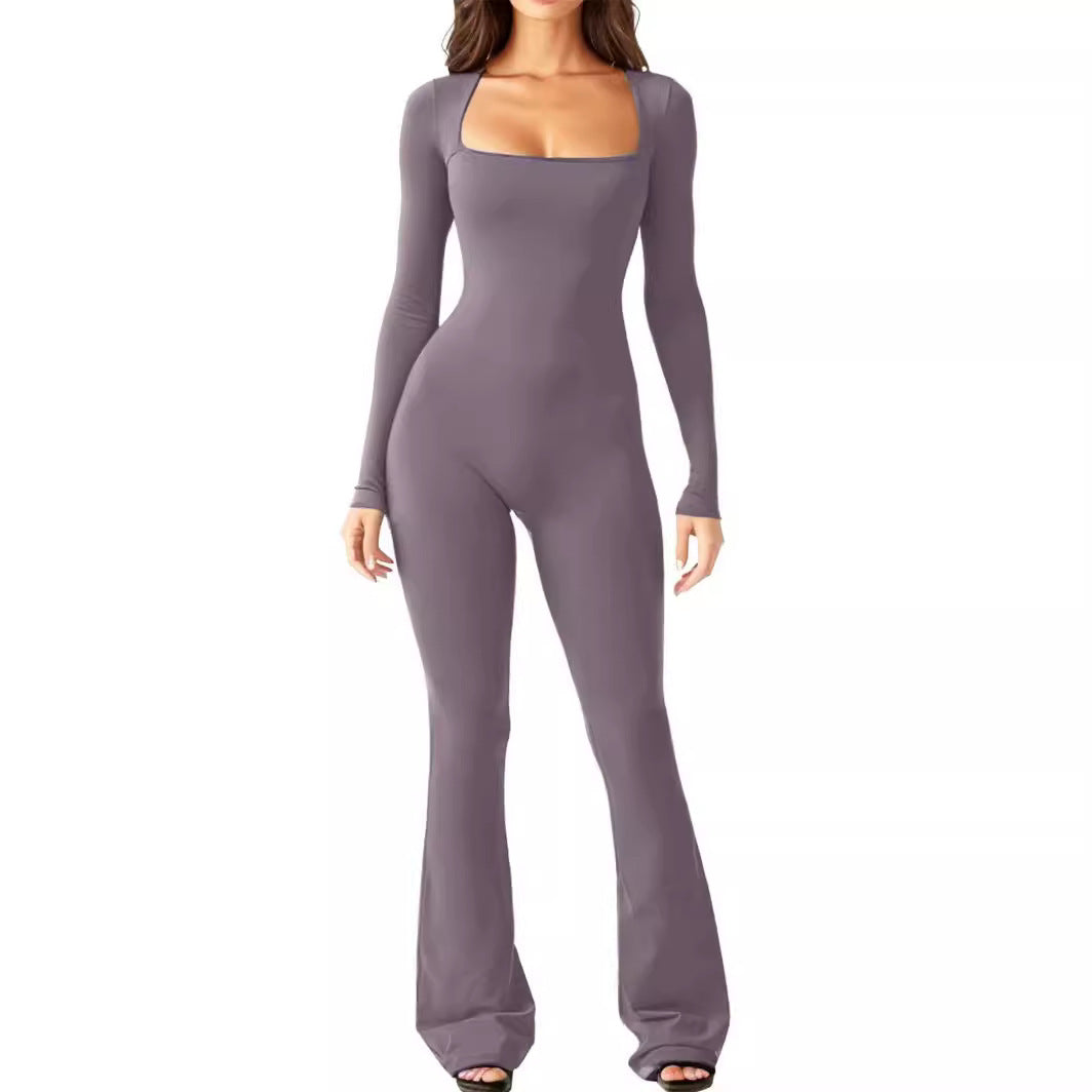 Damen Eleganter Langarm-Jumpsuit mit weitem Bein und tiefem Ausschnitt R&B