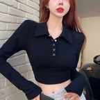 Damen Langarm Crop-Top mit klassischem Kragen und Druckknöpfen