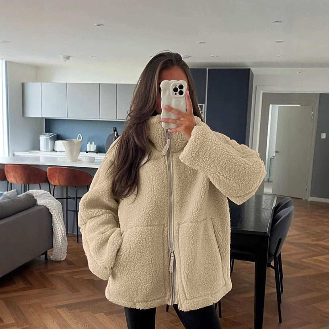 Damen kuschelige Fleecejacke mit hohen Kragen und großen Taschen R&B