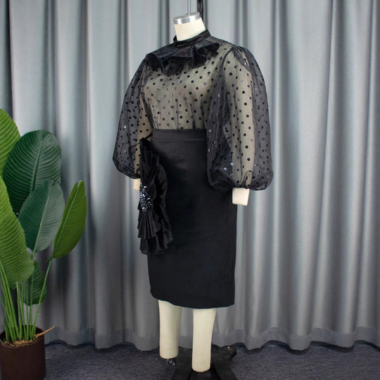 Damen Elegantes Kleid mit transparenten Puffärmeln und Rüschenakzent R&B