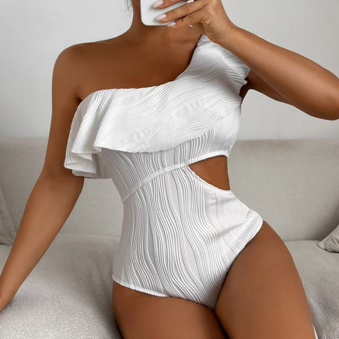Damen Einteiler Badeanzug mit asymmetrischem Schnitt und geschwungenen Rüschendetails R&B