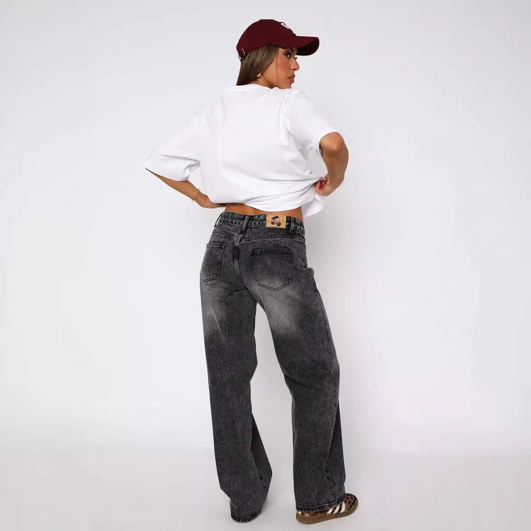 Damen lässige weite Jeans mit hohem Bund und modischem Schnitt R&B