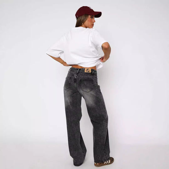 Damen lässige weite Jeans mit hohem Bund und modischem Schnitt R&B