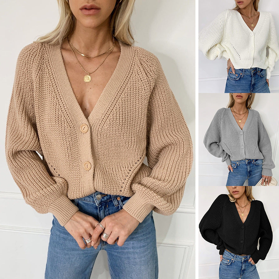 Damen Strickjacke mit tiefem V-Ausschnitt und luftigen Ärmeln R&B