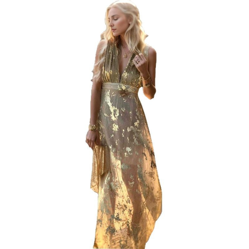 Damen Elegantes Maxi-Kleid mit filigranem Goldmuster und V-Ausschnitt EB