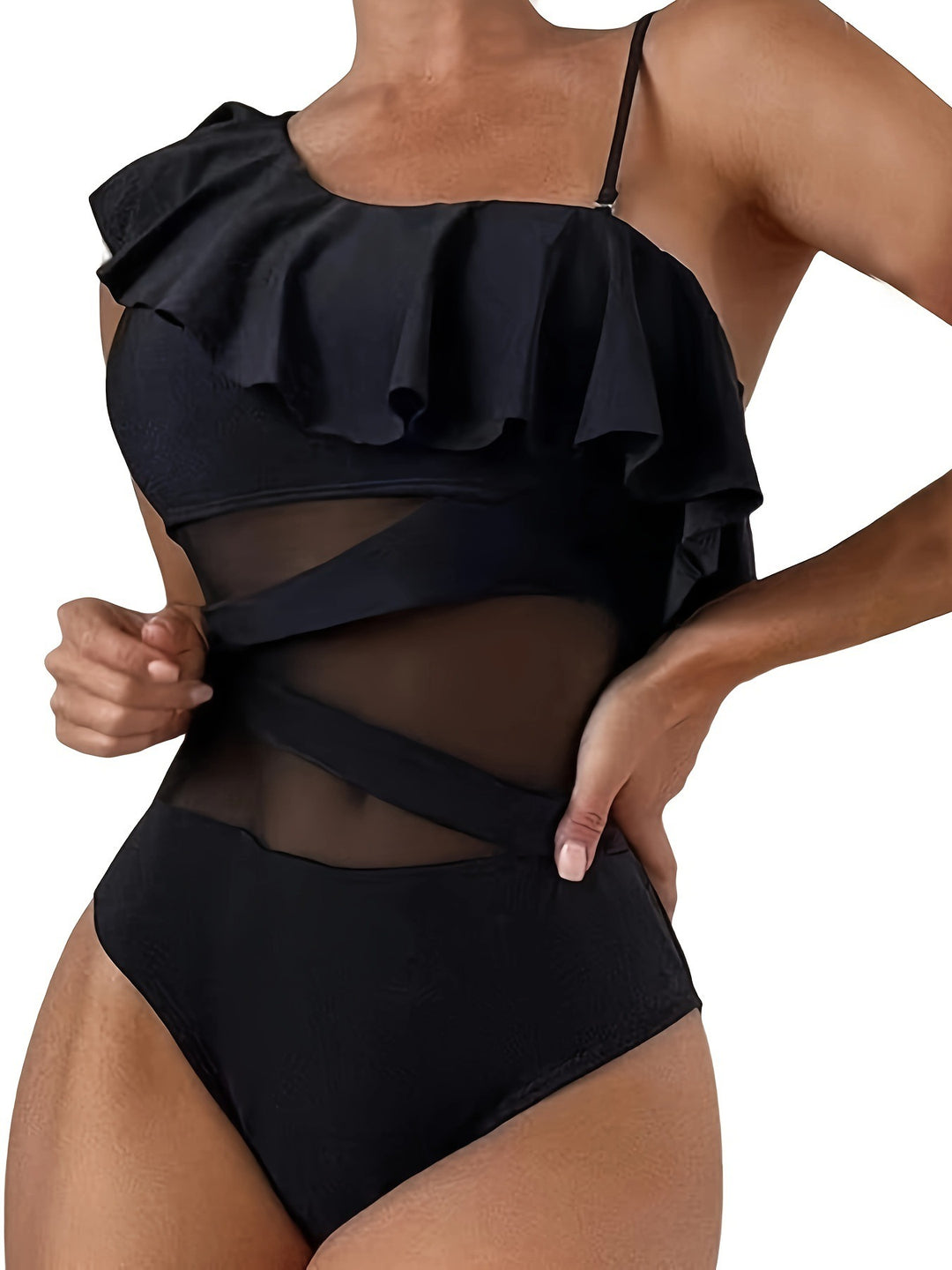 Damen Einteiler Badeanzug mit asymmetrischem Rüschendesign und eleganten Cut-Out-Details R&B