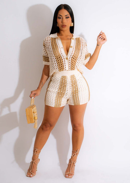Damen luftiges Strick-Set mit trendy Häkelmuster R&B