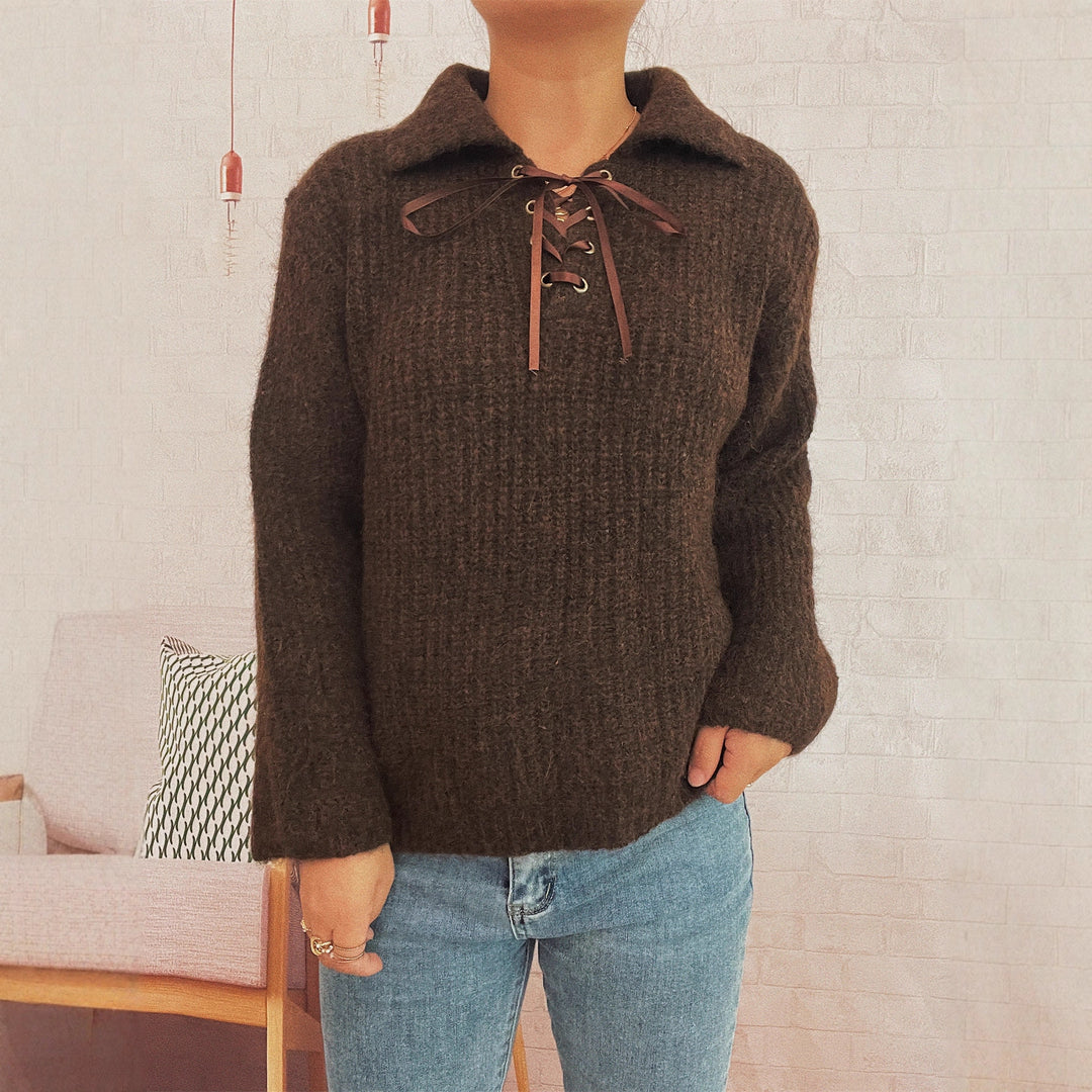 Damen lässiger Strickpullover mit dekorativem Schnürdetail und breiten Ärmel R&B