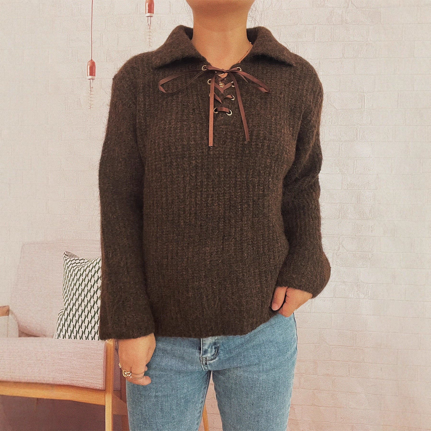 Damen lässiger Strickpullover mit dekorativem Schnürdetail und breiten Ärmel R&B