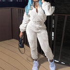 Damen nan kuscheliges Teddy-Fleece Zweiteiler mit Halbreißverschluss und High-Waist Jogginghose R&B