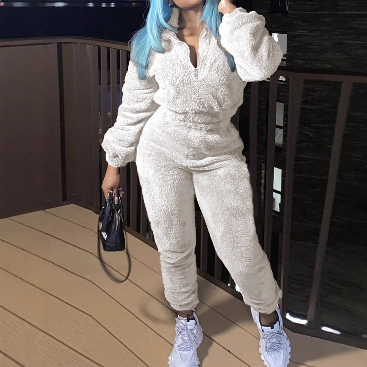 Damen nan kuscheliges Teddy-Fleece Zweiteiler mit Halbreißverschluss und High-Waist Jogginghose R&B