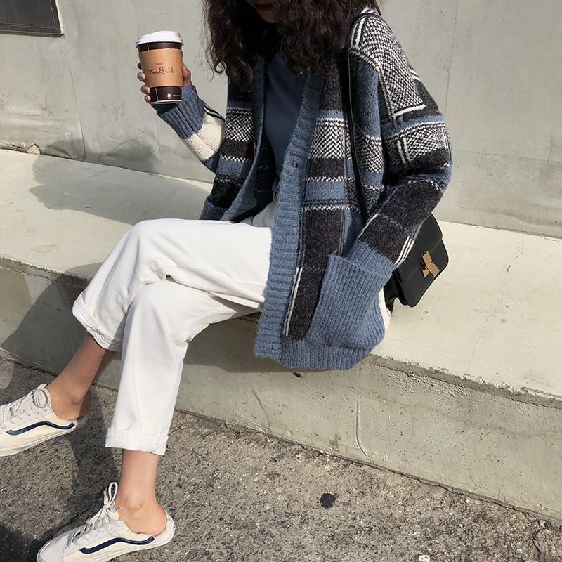 Damen Modischer Oversized Cardigan mit Karomuster R&B