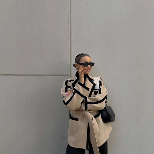 Damen elegante Blazerjacke mit Taillengürtel und Kontrastnähten R&B