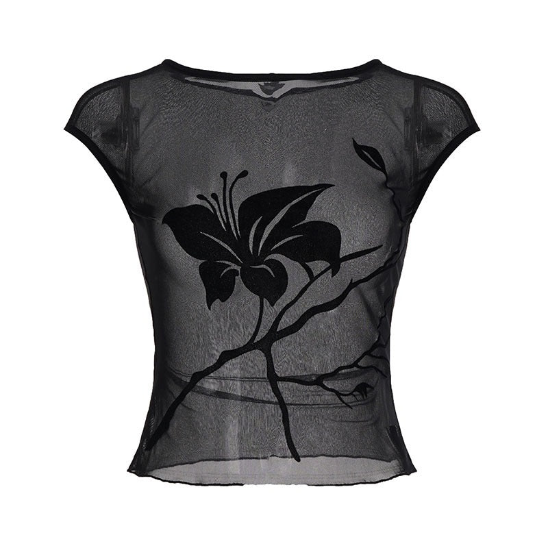 Damen transparente Mesh-Bluse mit floralem Druck R&B