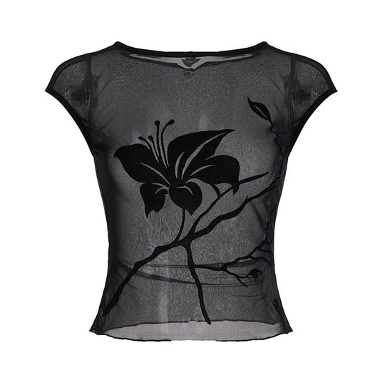 Damen transparente Mesh-Bluse mit floralem Druck R&B