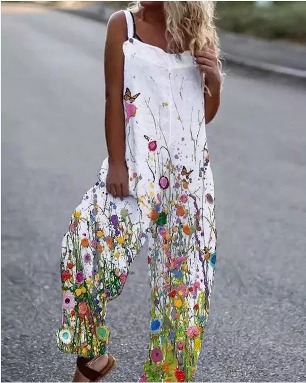 R&B | Große Blumenmuster Leichte Stoff Latzhose