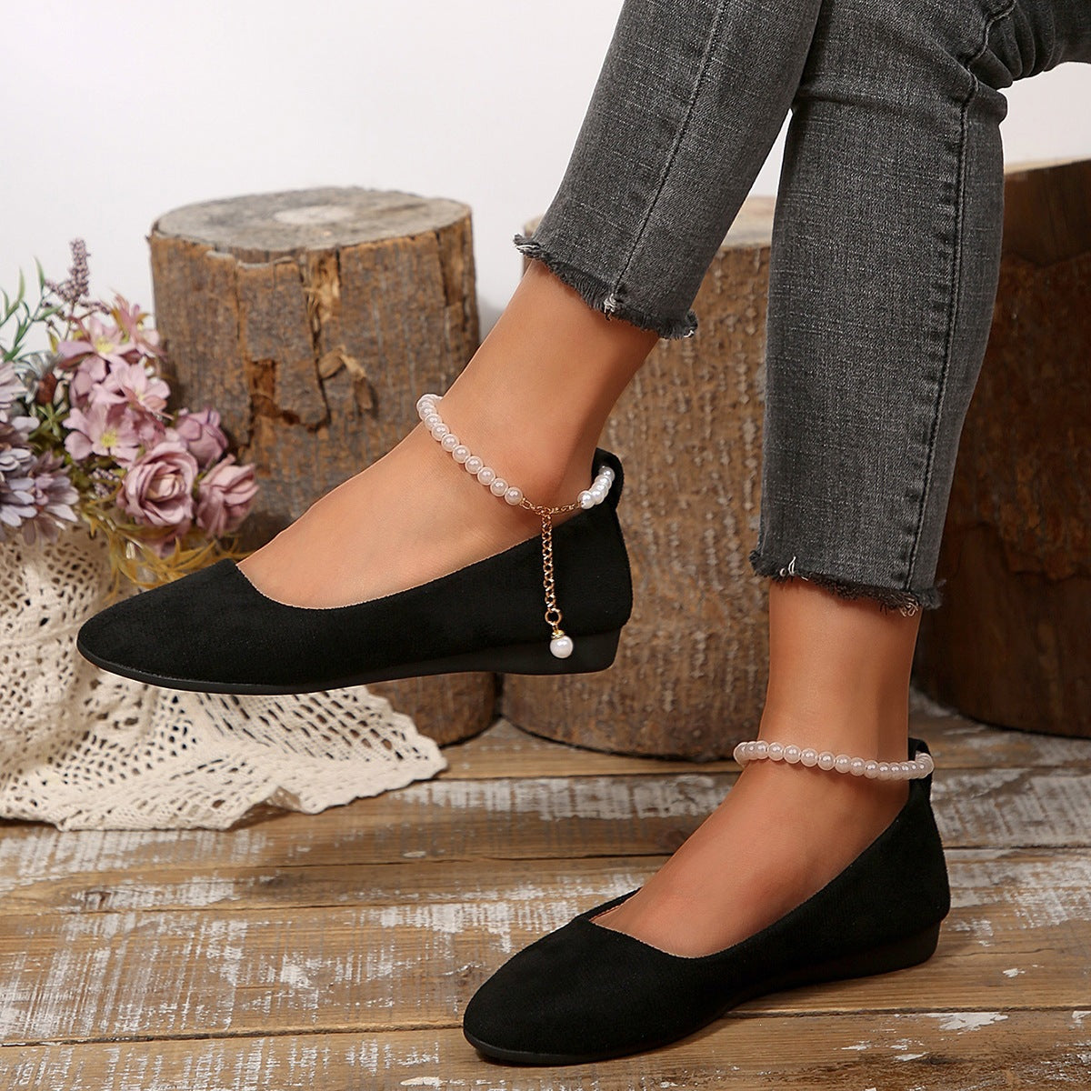 Damen Elegante und bequeme Ballerinas mit Perlenschmuck R&B