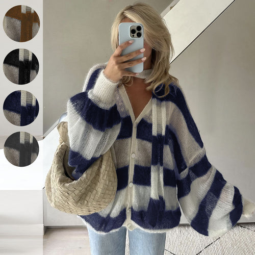 Damen Oversized Strickjacke mit modernen Streifen R&B