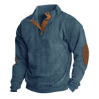 Herren nan gerippter Baumwollmix-Pullover mit Stehkragen, Knopfleiste und Lederoptik-Ellenbogenpatches R&B